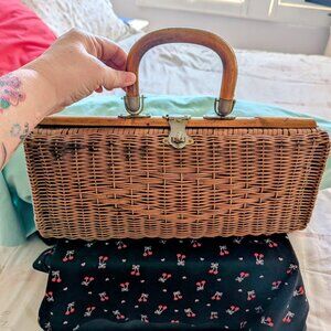 Vintage 1950's-1960's Brown Wicker Purse-Made In Hong Kong-Cotton Fruit Lining